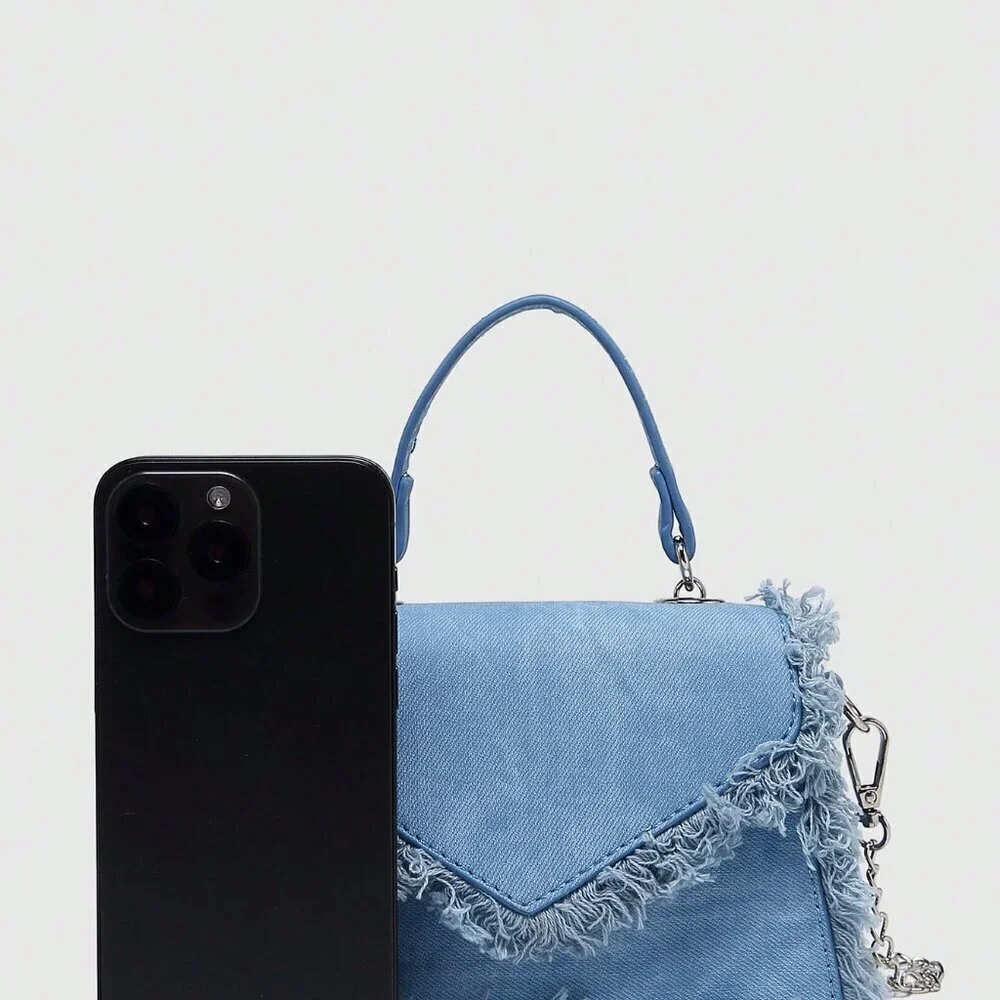 Blue Fashionable Women's Fringed Small Square Chain Crossbody Shoulder Bag